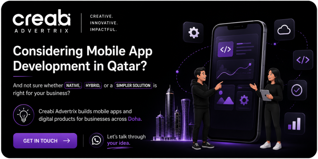 A modern black-themed promotional banner for Creabi Advertrix showcasing mobile app development services in Qatar. The design features the Creabi Advertrix logo, a bold white headline asking, "Considering Mobile App Development in Qatar?", supporting text about choosing native, hybrid, or simpler app solutions, a purple "Get in Touch" call-to-action button, and an illustration of a smartphone with app development icons, two professionals collaborating, and the Doha skyline in the background. The banner uses purple accents to highlight innovation and digital transformation.